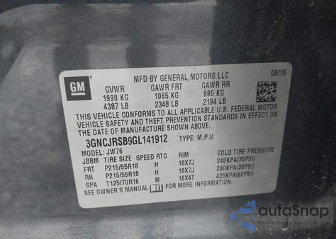 2016 Chevrolet Trax Ltz from USA, damaged, VIN 3GNCJRSB9GL141912